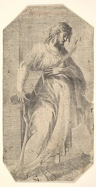 Saint Bartholomew facing right,  book under his right arm, knife in his left hand, from "Christ and the Apostles" by Andrea Schiavone (Andrea Meldola) depicting John 1