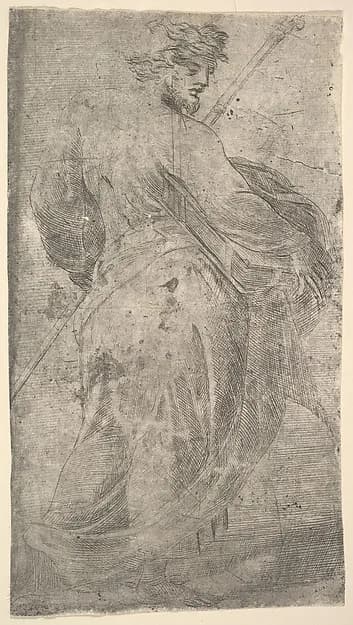 Saint James Major, a staff in his left hand, book in his right, from "Christ and the Apostles" by Andrea Schiavone (Andrea Meldola) depicting James 1