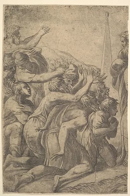 Christ standing at the right healing the lepers before him (left section of the print) by Andrea Schiavone (Andrea Meldola) depicting Matthew 9