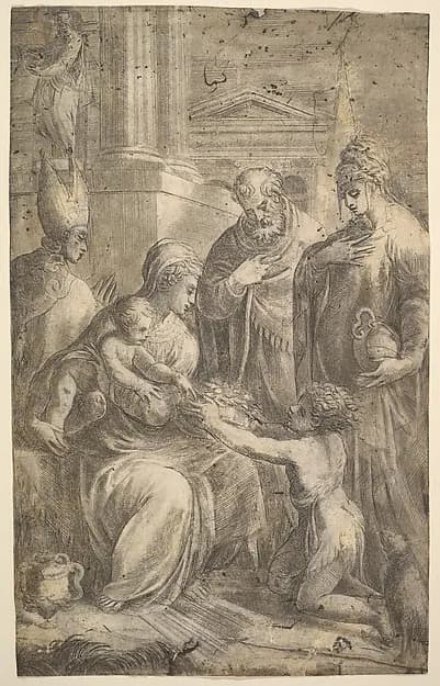Various Saints Witnessing John the Baptist's Homage to the Infant Christ by Andrea Schiavone (Andrea Meldola) depicting Matthew 3
