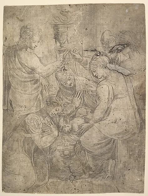 The Christ Child in the Cradle surrounded by adoring figures by Andrea Schiavone (Andrea Meldola) depicting Luke 2
