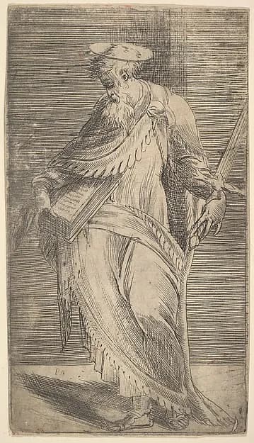 Saint Paul holding a sword and book,  from "Christ and the Apostles" by Andrea Schiavone (Andrea Meldola) depicting Acts 9