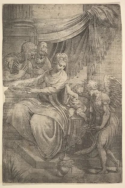 The Holy Family, an angel holding flowers approaching from the right by Andrea Schiavone (Andrea Meldola) depicting Luke 2