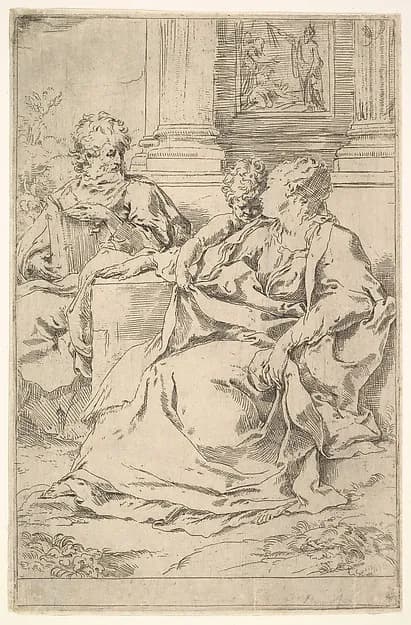 The Holy Family with Scriptural Scene in Background by Guido Reni depicting Luke 2