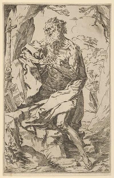 Saint Jerome kneeling on a rock in front of a cross and an open book facing left by Anonymous, 17th century depicting Romans 8