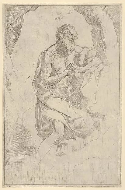 Saint Jerome kneeling on a rock facing right by Anonymous, 17th century depicting Romans 8