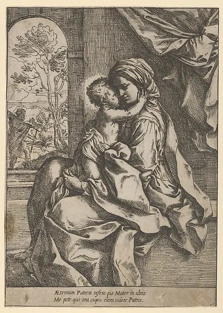 The Virgin seated with the Christ Child on her lap embracing her, Joseph seen through an archway at left by Guido Reni depicting Luke 2