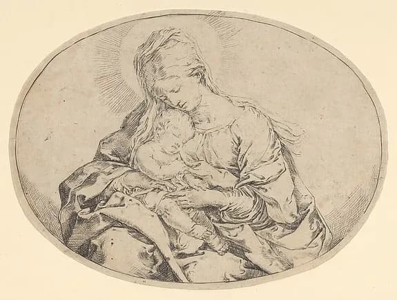 The Virgin holding the infant Christ, an oval composition by Guido Reni depicting Luke 2