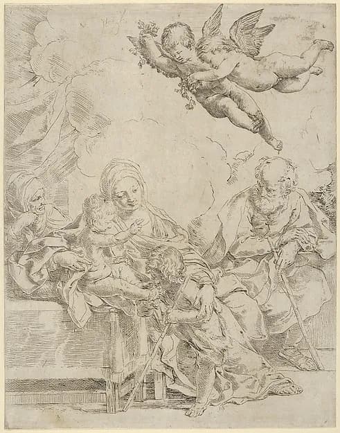 The Holy Family with young John the Baptist and Saint Elizabeth, two angels above by Guido Reni depicting Matthew 3
