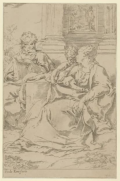 The Holy Family seated together in front of a collonade, Saint Joseph reading and the young Christ grasping the Virgin's drapery by Guido Reni depicting Luke 2