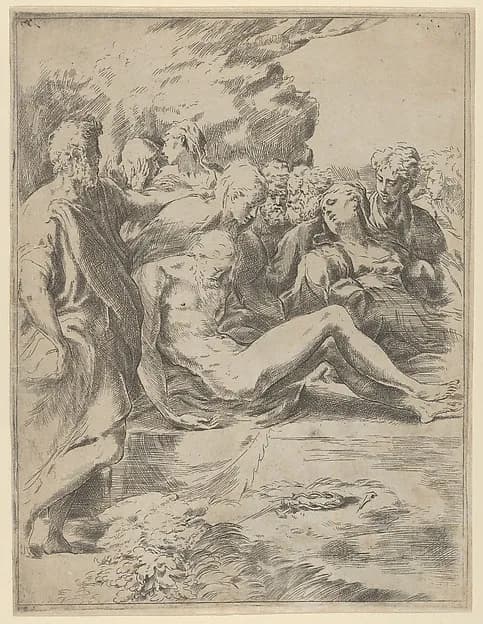 The Entombment; Christ with legs outstretched, the Virgin at right by Guido Reni depicting Matthew 27