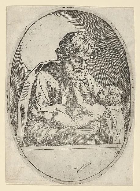 Saint Joseph holding the infant Christ, who raises up his hands, an oval composition by Anonymous, 17th century depicting John 1