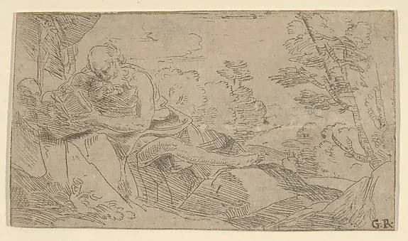 Saint Jerome seated on rocks and reading a book, a cross and a skull at left by Anonymous depicting Romans 8