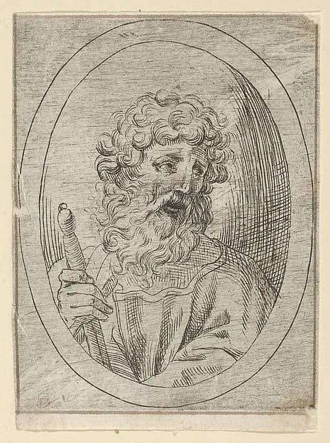 Saint Paul holding a sword, in an oval frame, from "Christ, the Virgin, and Thirteen Apostles" by Anonymous, 17th century depicting Acts 9