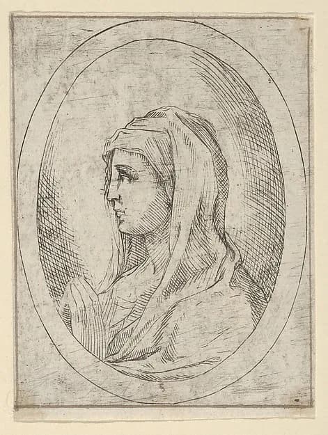 The Virgin in prayer, seen in profile facing left, in an oval frame, from "Christ, the Virgin, and Thirteen Apostles" by Anonymous, 17th century depicting Luke 1