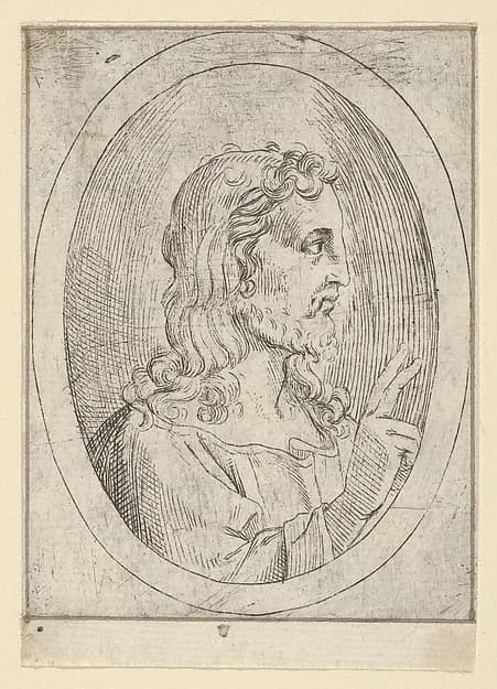 Christ seen in profile facing right, making the sign of blessing with his right hand, in an oval frame, from "Christ, the Virgin, and Thirteen Apostles" by Anonymous, 17th century depicting John 1