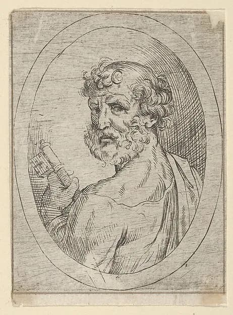 Saint Peter seen from behind, turning to face outwards and holding a key, in an oval frame, from "Christ, the Virgin, and Thirteen Apostles" by Anonymous, 17th century depicting Matthew 4