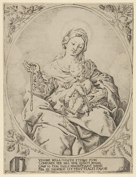 The Virgin seated holding a rosary in her right hand, the infant Christ on her lap holding several rosaries, in an oval frame with flowers surrounding it and a tablet with inscription at the base by Anonymous depicting Luke 2