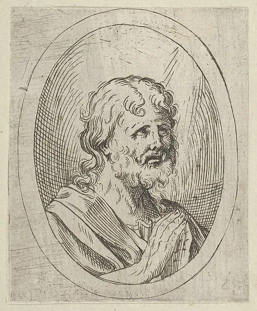 An apostle raising his eyes in prayer, in an oval frame, from "Christ, the Virgin, and Thirteen Apostles" by Anonymous, 17th century depicting Matthew 10