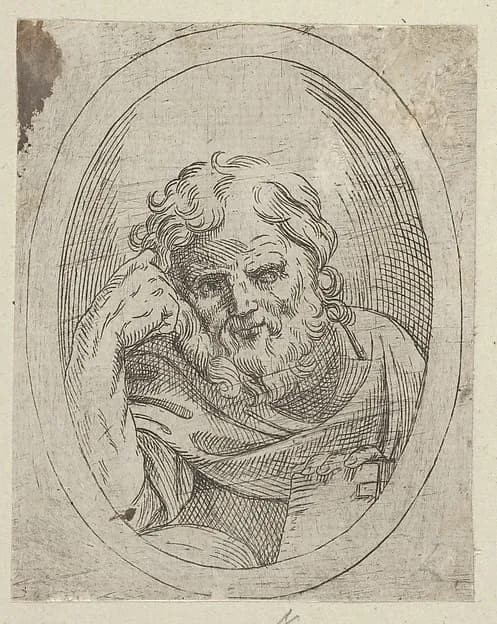 An apostle resting his head on his right hand and holding a book, in an oval frame, from "Christ, the Virgin, and Thirteen Apostles" by Anonymous, 17th century depicting Matthew 10