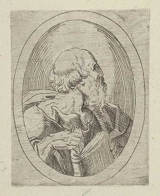 An apostle seen in profile facing right, holding an open book, in an oval frame, from "Christ, the Virgin, and Thirteen Apostles" by Anonymous, 17th century depicting Matthew 10