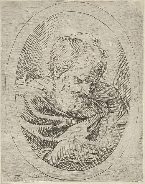 An apostle resting his head on his left hand and reading a book, in an oval frame, from "Christ, the Virgin, and Thirteen Apostles" by Anonymous, 17th century depicting Matthew 10