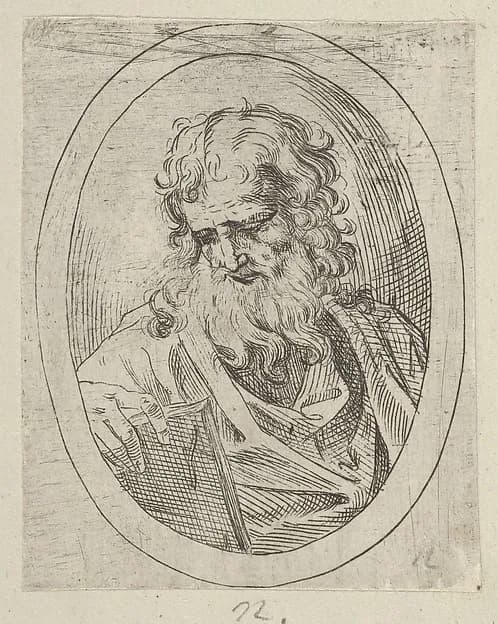 An apostle with a long beard looking down at an open book, in an oval frame, from "Christ, the Virgin, and Thirteen Apostles" by Anonymous, 17th century depicting Matthew 10