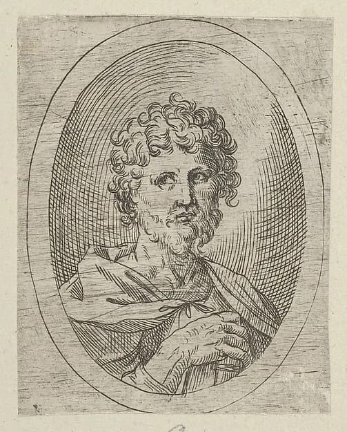 An apostle with a short beard holding a closed book, from "Christ, the Virgin, and Thirteen Apostles" by Anonymous, 17th century depicting Matthew 10