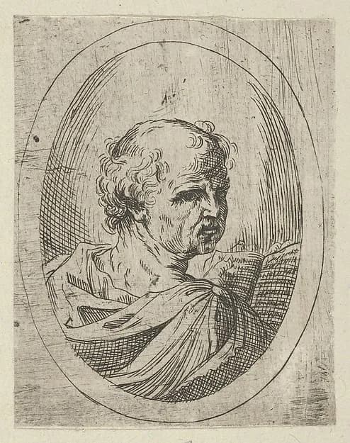 An apostle seen from behind and turning to the right, holding an open book, in an oval frame, from "Christ, the Virgin, and Thirteen Apostles" by Anonymous, 17th century depicting Matthew 10