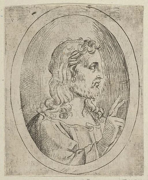 Christ seen in profile facing right, making the sign of blessing with his right hand, in an oval frame, from "Christ, the Virgin, and Thirteen Apostles" by Anonymous, 17th century depicting John 1