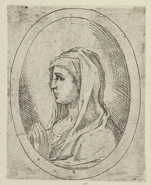The Virgin in prayer, seen in profile facing left, in an oval frame, from "Christ, the Virgin, and Thirteen Apostles" by Anonymous, 17th century depicting Luke 1
