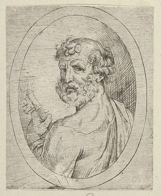 Saint Peter seen from behind, turning to face outwards and holding a key, in an oval frame, from "Christ, the Virgin, and Thirteen Apostles" by Anonymous, 17th century depicting Matthew 4