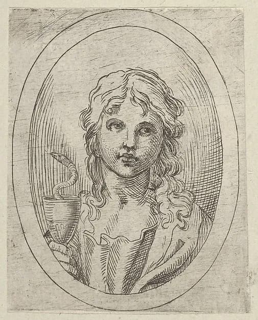 Saint John the Evangelist holding a goblet with a snake emerging from it, from "Christ, the Virgin, and Thirteen Apostles" by Anonymous, 17th century depicting Revelation 1