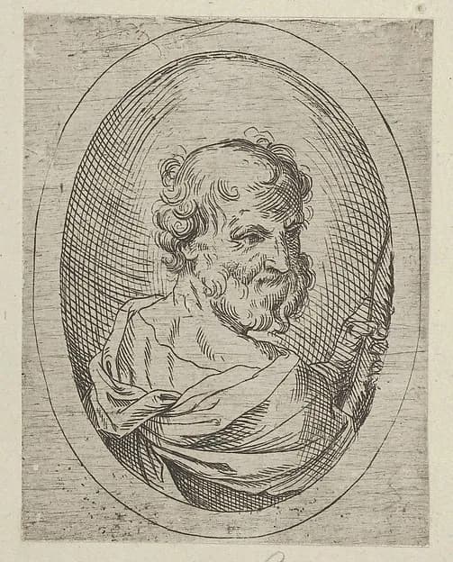 Saint Simon seen from behind, turning to the right and holding a saw, in an oval frame, from "Christ, the Virgin, and Thirteen Apostles" by Anonymous, 17th century depicting John 1