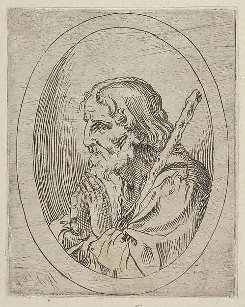 Saint Jude in prayer, seen in profile facing left with a staff resting on his shoulder, in an oval frame, from "Christ, the Virgin, and Thirteen Apostles" by Anonymous, 17th century depicting Jude 1