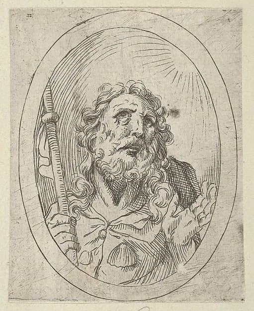 Saint James Major, looking upwards and holding a staff, from "Christ, the Virgin, and Thirteen Apostles" by Anonymous, 17th century depicting James 1