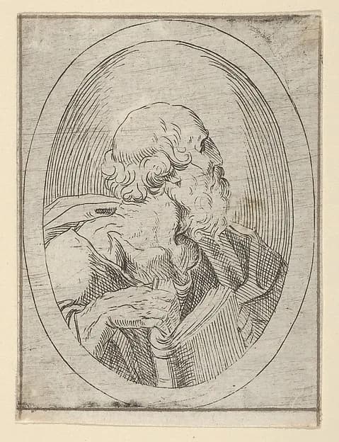An apostle seen in profile facing right, holding an open book, in an oval frame, from "Christ, the Virgin, and Thirteen Apostles" by Anonymous, 17th century depicting Matthew 10