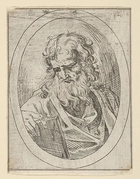 An apostle with a long beard looking down at an open book, in an oval frame, from "Christ, the Virgin, and Thirteen Apostles" by Anonymous, 17th century depicting Matthew 10