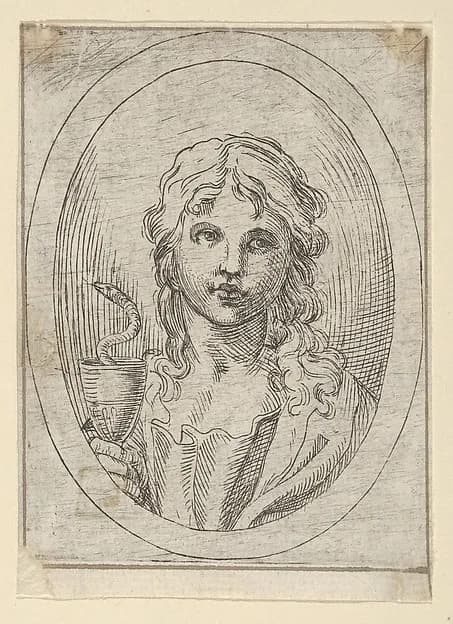 Saint John the Evangelist holding a goblet with a snake emerging from it, from "Christ, the Virgin, and Thirteen Apostles" by Anonymous, 17th century depicting Revelation 1
