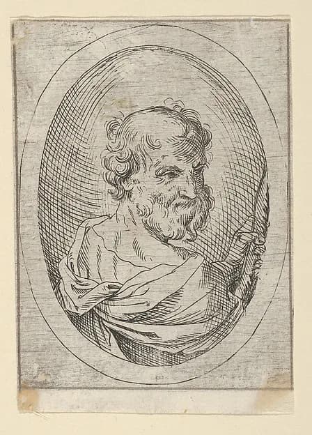 Saint Simon seen from behind, turning to the right and holding a saw, in an oval frame, from "Christ, the Virgin, and Thirteen Apostles" by Anonymous, 17th century depicting John 1