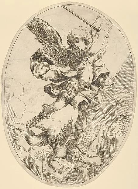 The winged archangel Saint Michael holding a sword and standing on the head of the devil, who descends into hell, an oval composition by Anonymous, 17th century depicting Revelation 12