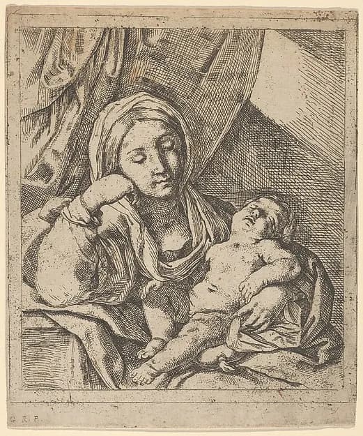 The Virgin seated, resting her head on her right hand and holding the sleeping infant Christ on her lap by Lorenzo Loli depicting Luke 2