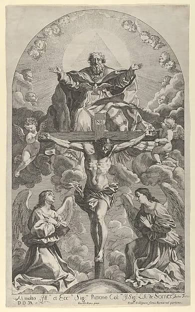 The Holy Trinity; Christ on the cross flanked by two angels, the Holy Spirit as a dove and God in heaven above the cross, a rectangular composition with half-circle at the top, after Reni by Robert van Audenaerde depicting Matthew 27