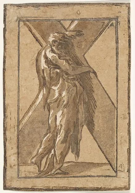 Saint Andrew standing in profile holding a large cross, from "Twelve Apostles" by Antonio da Trento depicting Matthew 4