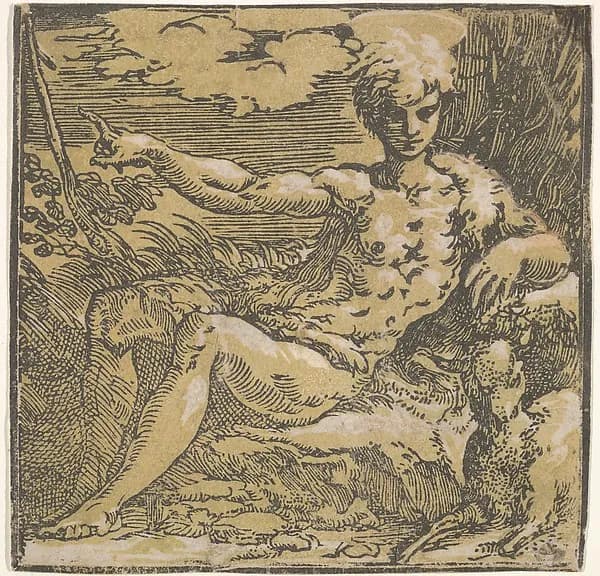 Saint John the Baptist in the desert, a lamb by his side by Antonio da Trento depicting Matthew 3