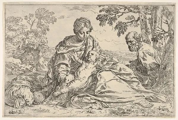 Rest on the flight into Egypt, Mary holding the infant Christ with St. Joseph at right, copy after Cantarini by Simone Cantarini depicting Matthew 2