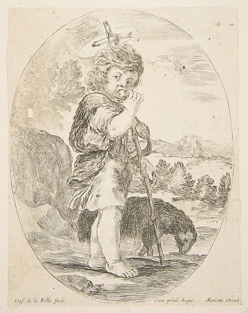 Saint John the Baptist eating a piece of fruit, an oval composition by Stefano della Bella depicting Matthew 3