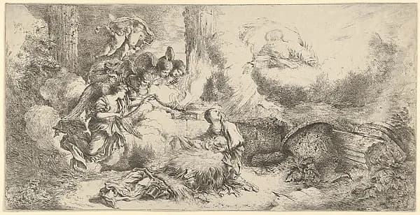 Nativity with God the Father and angels by Giovanni Benedetto Castiglione (Il Grechetto) depicting Luke 2
