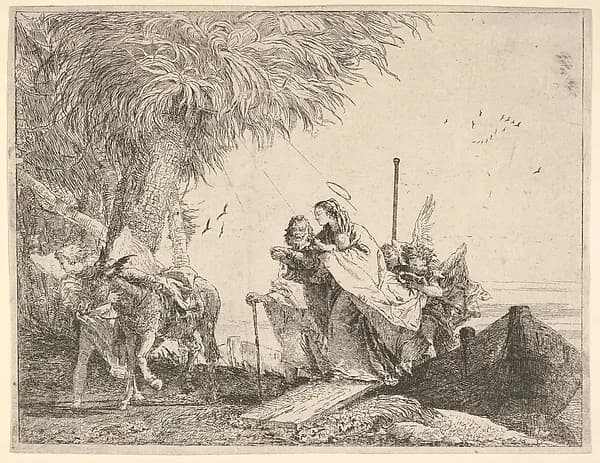 Mary, helped by Joseph and an angel, stepping from a boat to the shore, an angel steadies a donkey before her, from "The Flight into Egypt" by Giovanni Domenico Tiepolo depicting Genesis 37