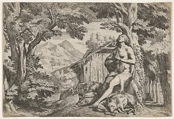 The prodigal son seated at the base of a tree among swine, his gaze directed upward and his hands folded at his chest, surrounded by a wooded landscape and a pigsty by Pietro Testa depicting Luke 15